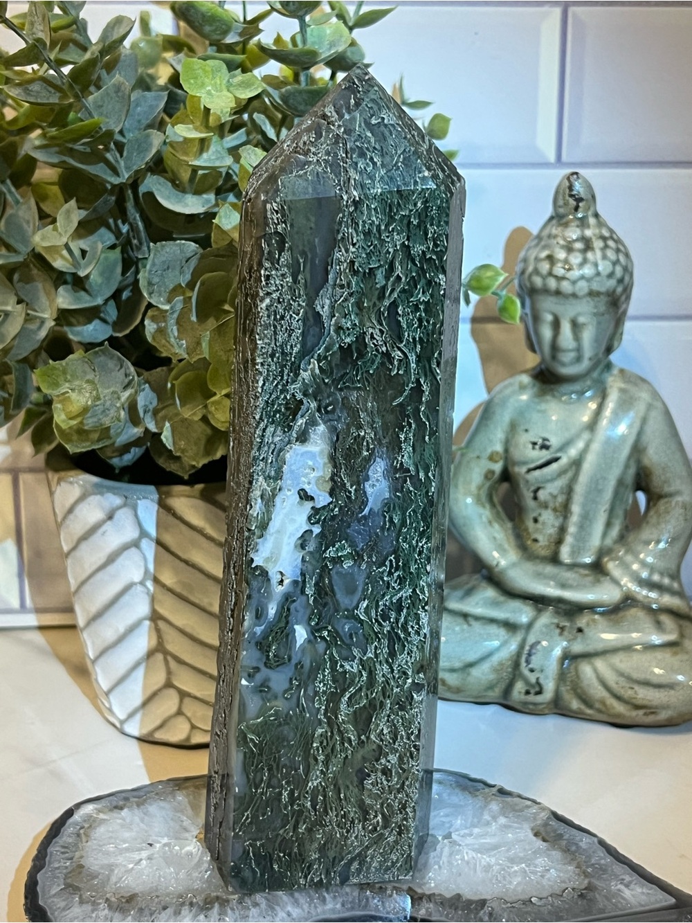 Large Green Moss Agate Tower